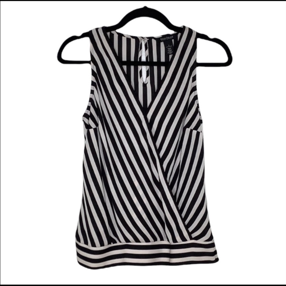 WHBM stripped v-neck crossed front sleeveless waist band blouse size Small EUC